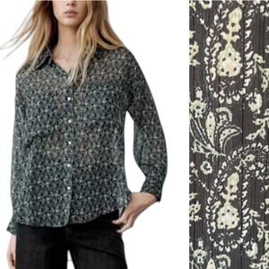 Zara Black & Mint Green Paisley Printed Crinkly Chiffon Button Down Blouse - S